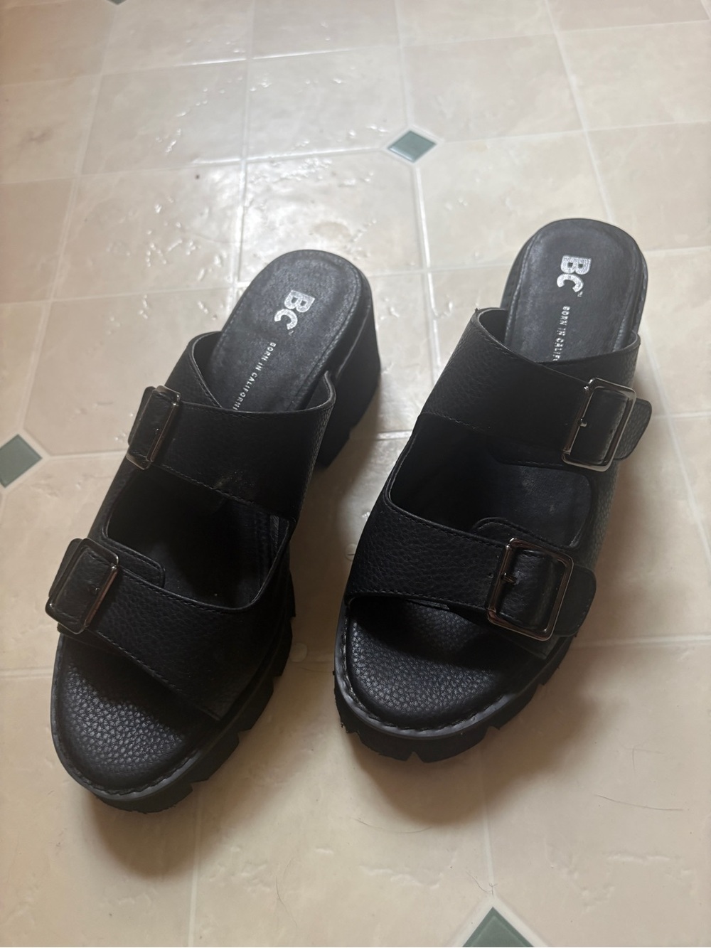BC Footwear Black Dual-Buckle Platform Mules